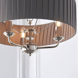 Brenley V2 3-light pendant with pleated grey fabric shade, reflective inner lining, and nickel arms holding candle-style E14 bulbs.