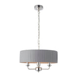 Brenley V2 3 Light Pendant with grey pleated fabric drum shade, nickel chain suspension and three-arm candle-style fitting, shown on a plain white background.