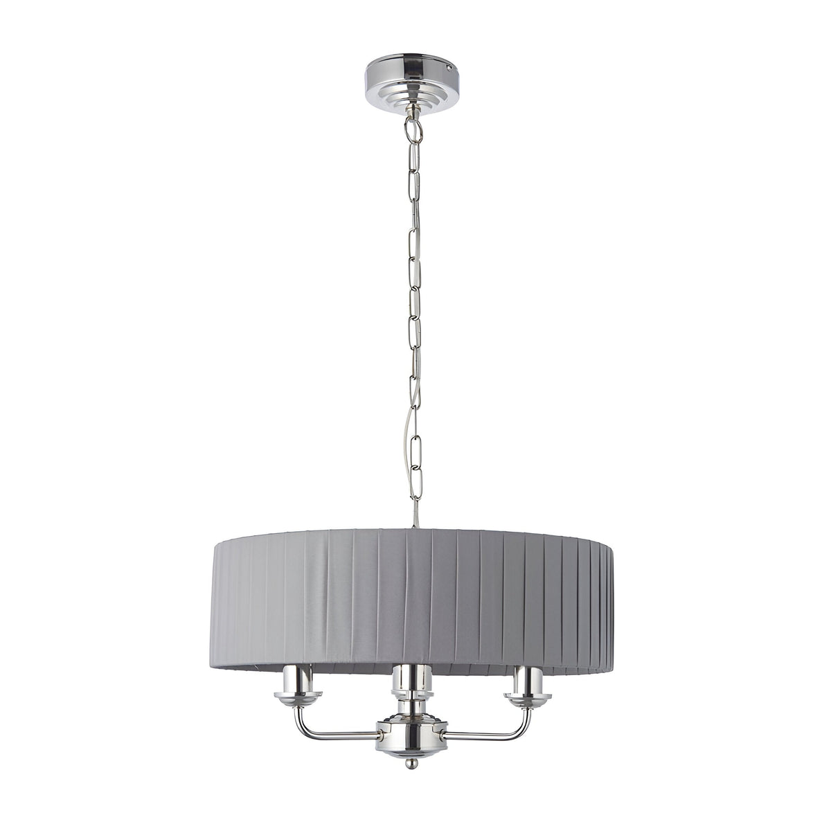 Brenley V2 3-light pendant with pleated grey fabric drum shade, nickel ceiling rose, chain suspension, and three-arm chrome fitting on a white background.