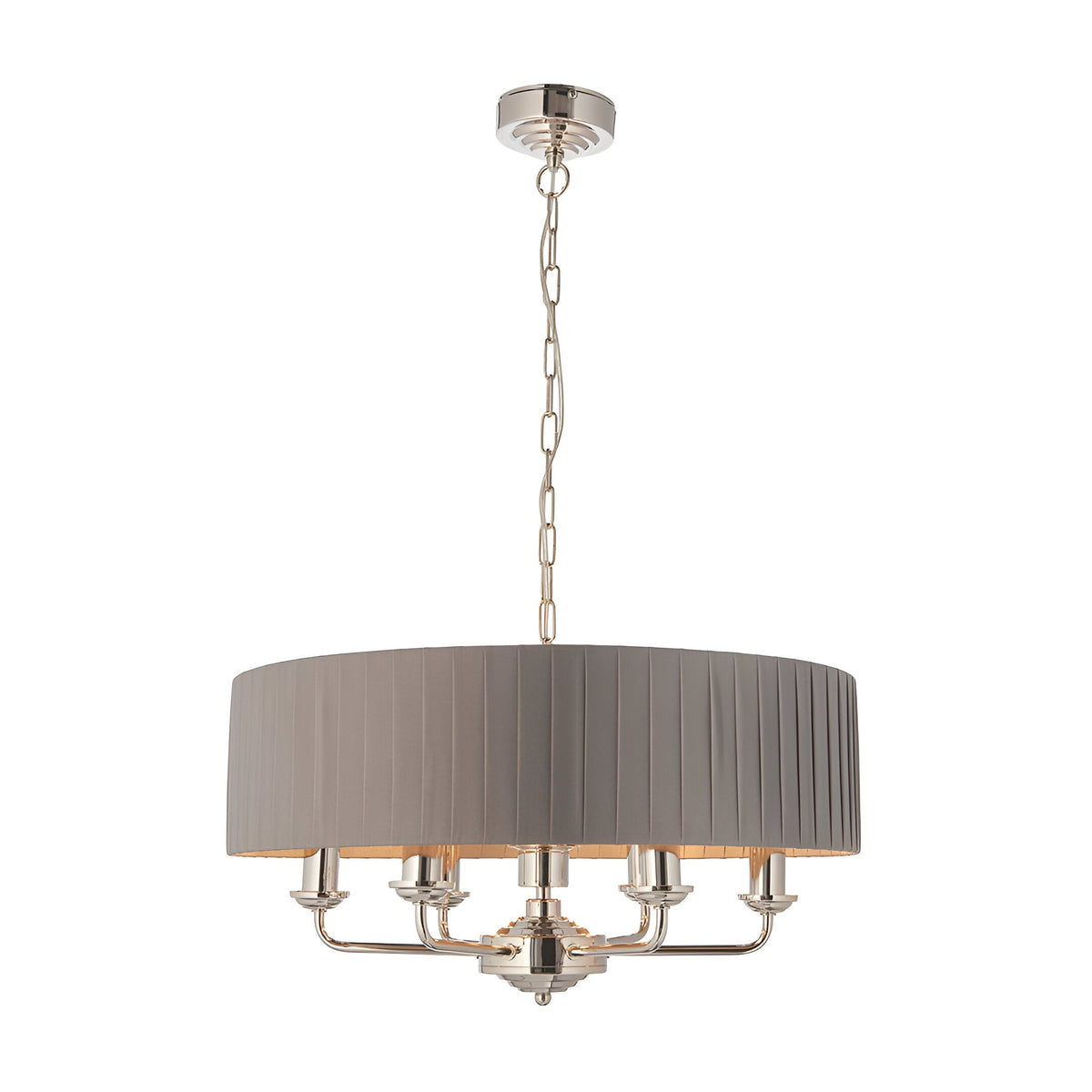 Brenley V1 6-light pendant with nickel and chrome fittings, six E14 arms beneath a pleated grey fabric drum shade on a chain, shown on a white background.