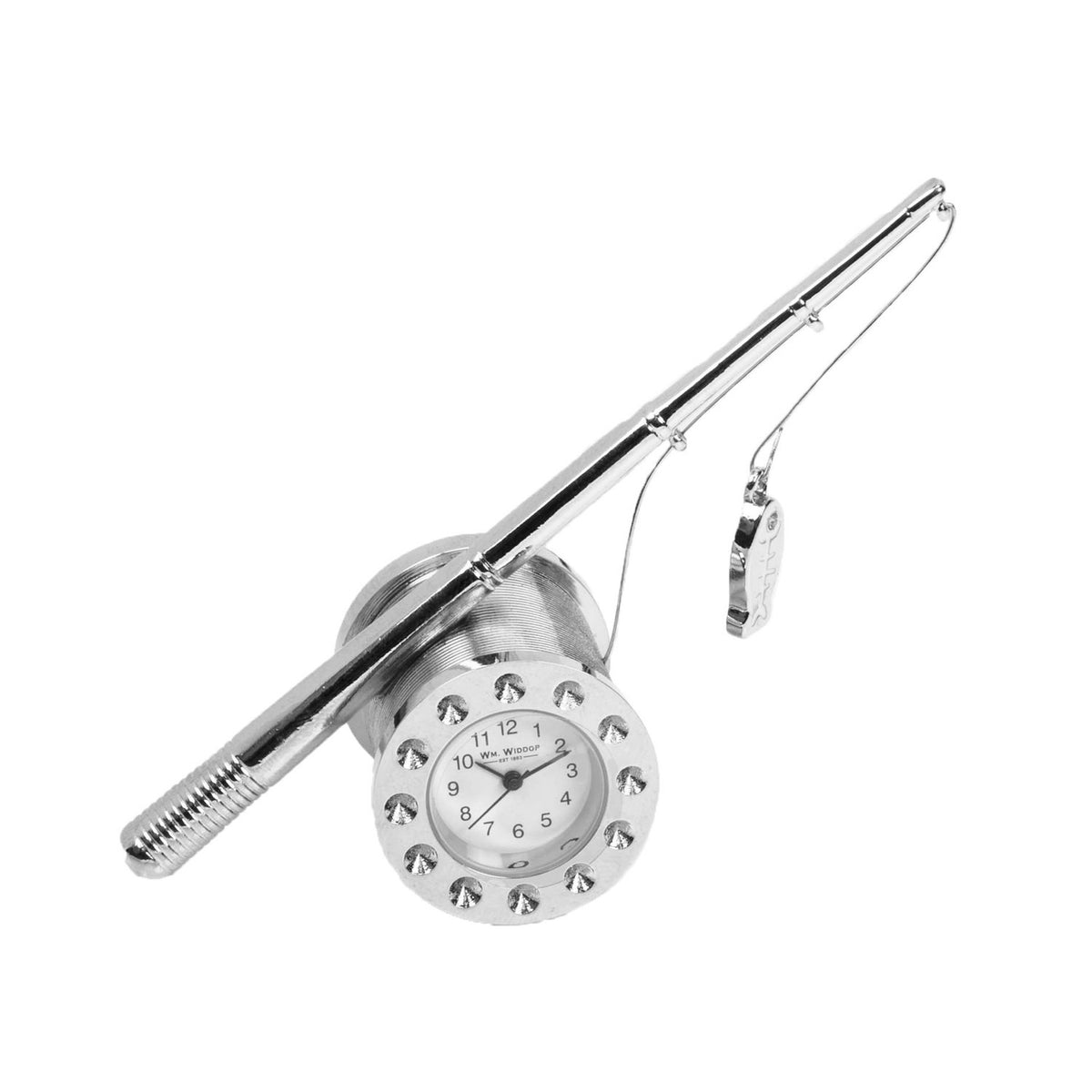 Miniature Fishing Rod Satin Metal Mantel Clock - Silver