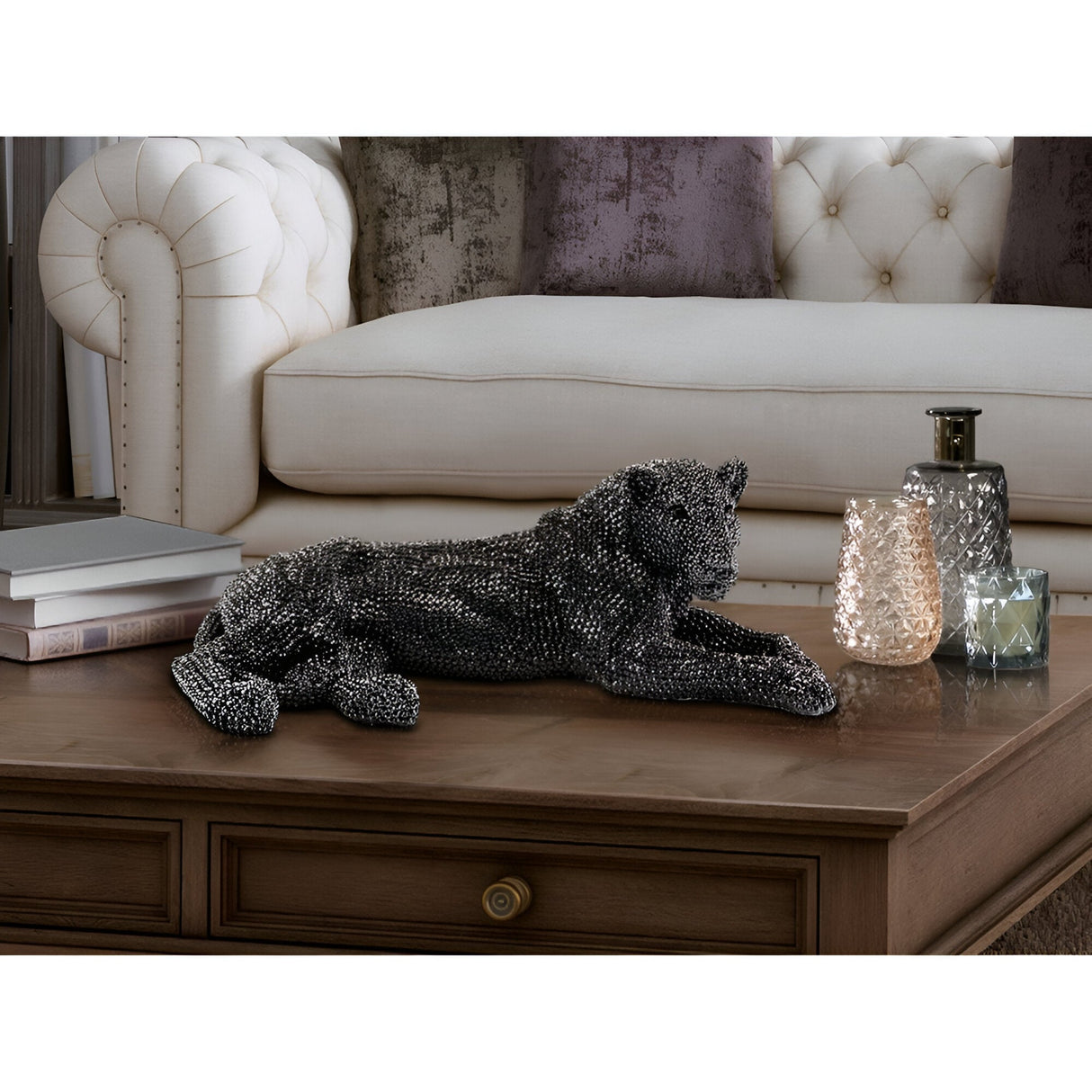 Leona Black Jewel-Inlaid Lying Lioness Figurine - 64cm