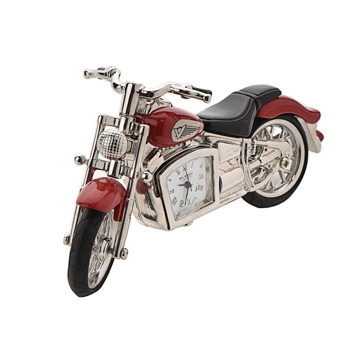 Miniature red motorbike-shaped mantel clock with silver-tone engine, forks and spoked wheels, black seat and tyres, and a quartz clock face set into the engine, on white background.