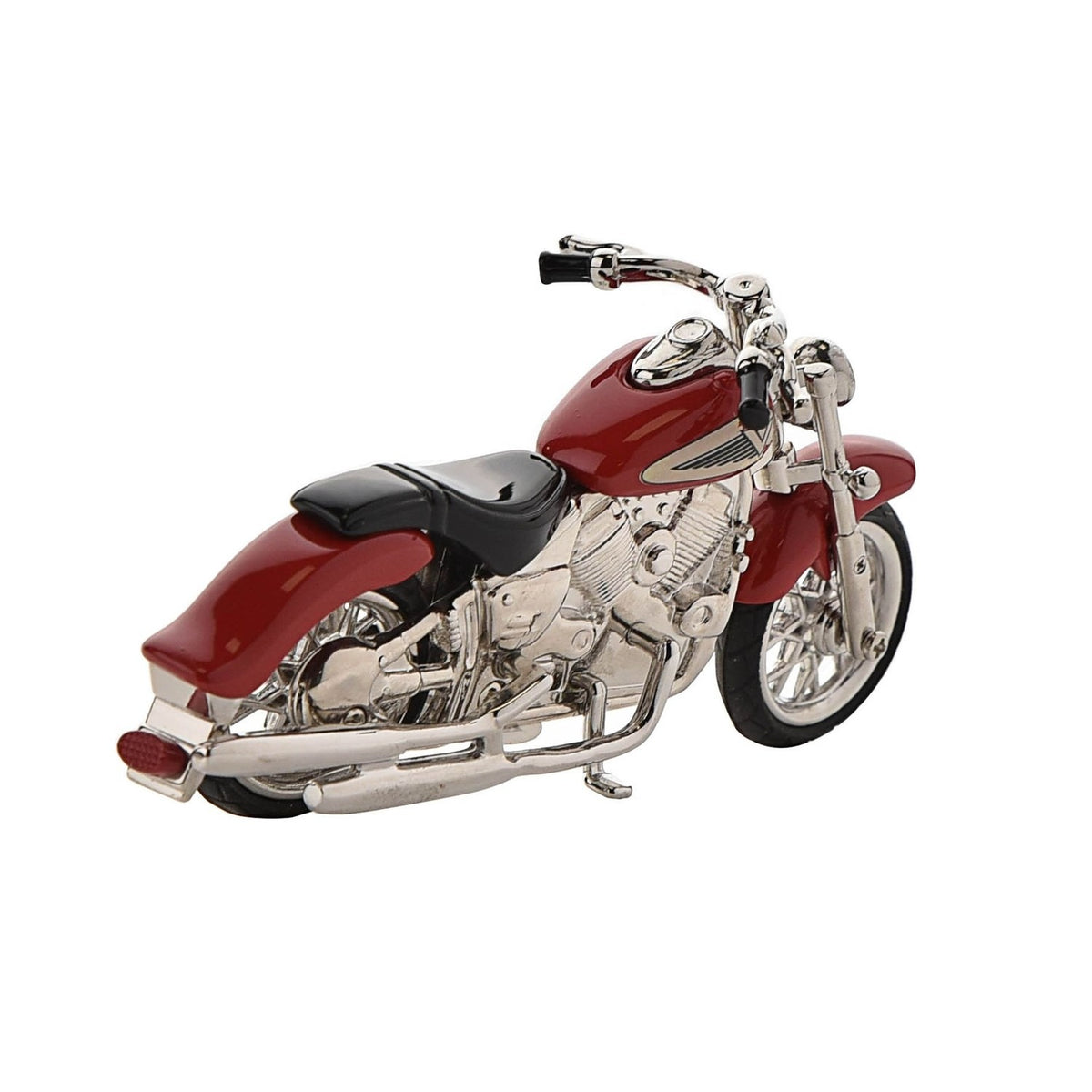 Miniature Indian style motorbike mantel clock in glossy red metal alloy with silver-tone engine, forks, exhaust and spoked wheels, black seat and tyres, on a plain white background.
