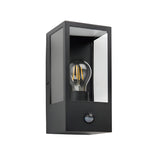 Castwood black box-style outdoor wall light with clear glass panels, PIR motion sensor, and visible filament bulb, shown on a plain white background.