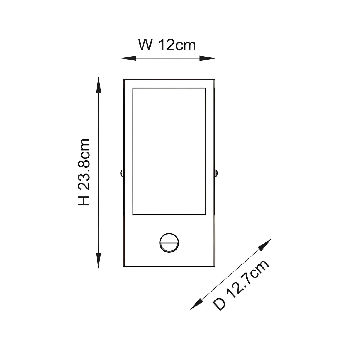 Line drawing of the Castwood Outdoor Wall Light in black showing dimensions W 12cm, H 23.8cm, D 12.7cm, with PIR sensor and clear glass panel.