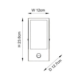 Line drawing of the Castwood Outdoor Wall Light in black showing dimensions W 12cm, H 23.8cm, D 12.7cm, with PIR sensor and clear glass panel.
