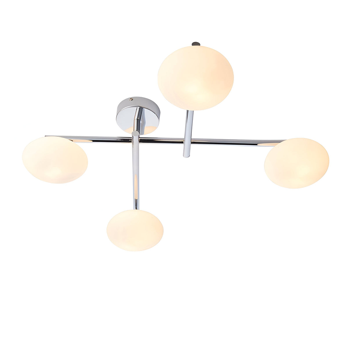 Denby 4 light semi-flush ceiling light in chrome, with round opal glass shades on a linear bar and central ceiling plate, shown on a plain white background.