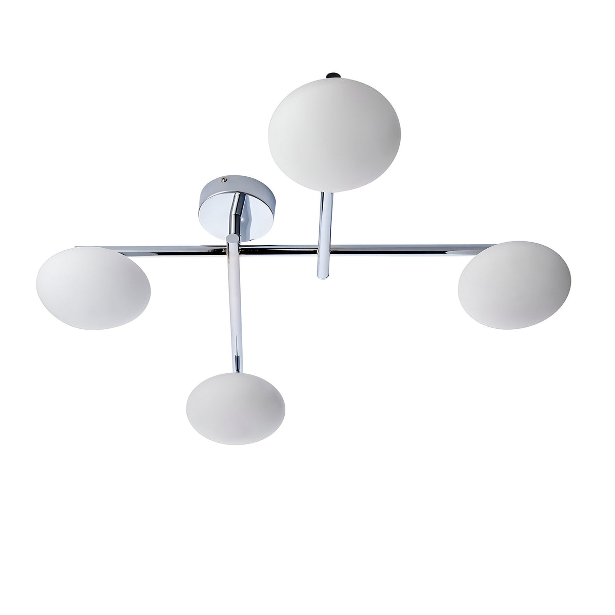 Denby 4-light semi-flush bathroom ceiling light in chrome with four opal glass globe shades on a bar and round ceiling plate.