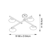 Technical line drawing of the Denby 4 Light Semi-Flush Bathroom Ceiling Light in chrome with crossed arms, glass shades, W66 x D64cm, H19.4cm.
