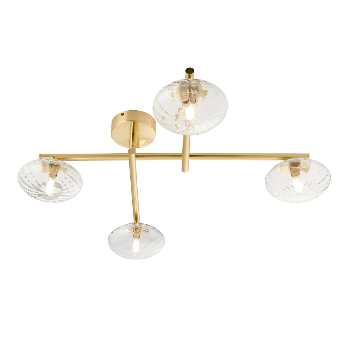 Denby 4 light semi-flush bathroom ceiling light in brass, with four textured glass globe shades on angled arms, shown on a plain white background.