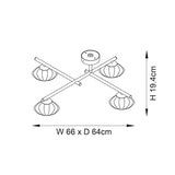 Technical line drawing of the Denby 4 light semi-flush bathroom ceiling light in brass, showing crossed arms with glass shades, W66 x D64cm, H19.4cm.