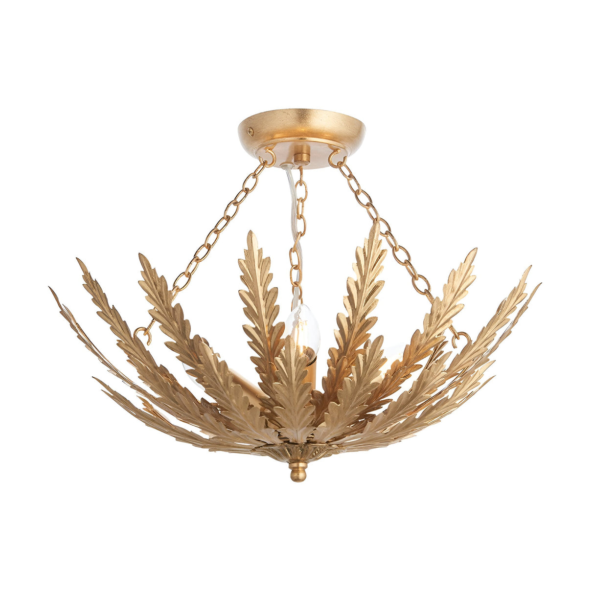 Endon Colette 3 light flush ceiling light in gold, with a metal leaf-shaped frame, chain detailing and E14 lamp fittings, shown on a white background.