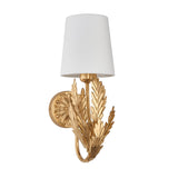 Colette Wall Light in gold leaf finish with layered leaf design and an ivory cotton fabric shade, shown on a plain white background.