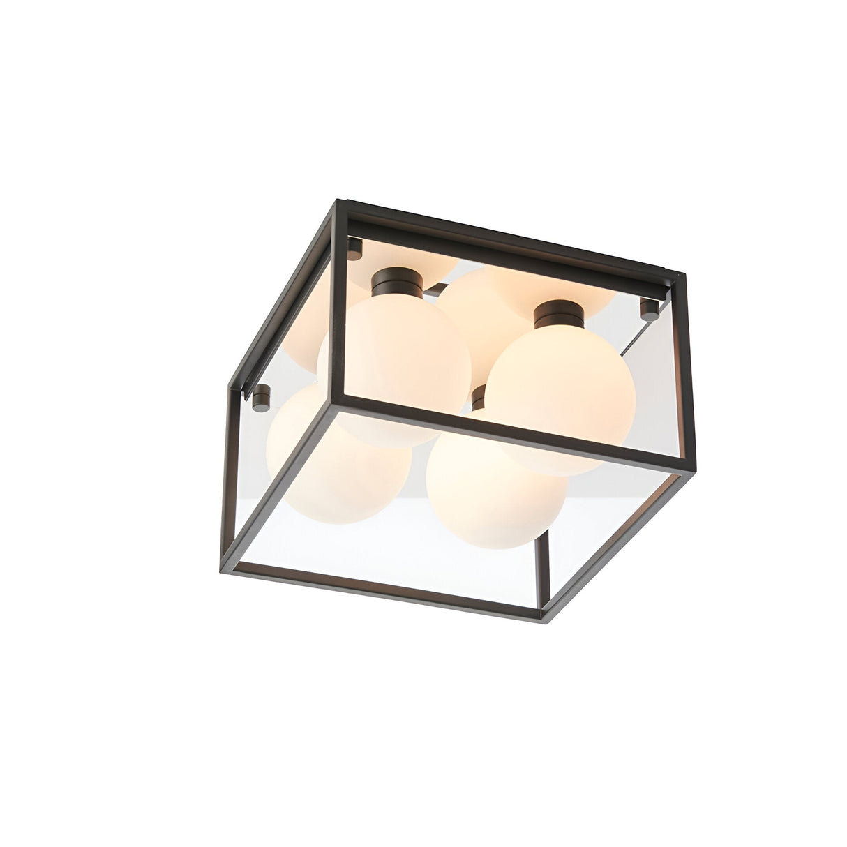 Endon Sable 4 light semi-flush bathroom ceiling light with matt black square frame, clear glass panels and four opal globe shades on a white background.