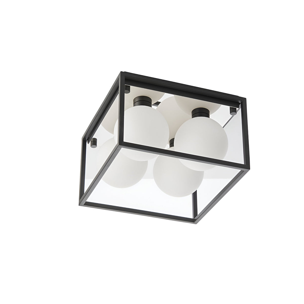 Endon Sable 4 light semi-flush bathroom ceiling light with matt black square frame, clear glass panels and four opal globe shades.