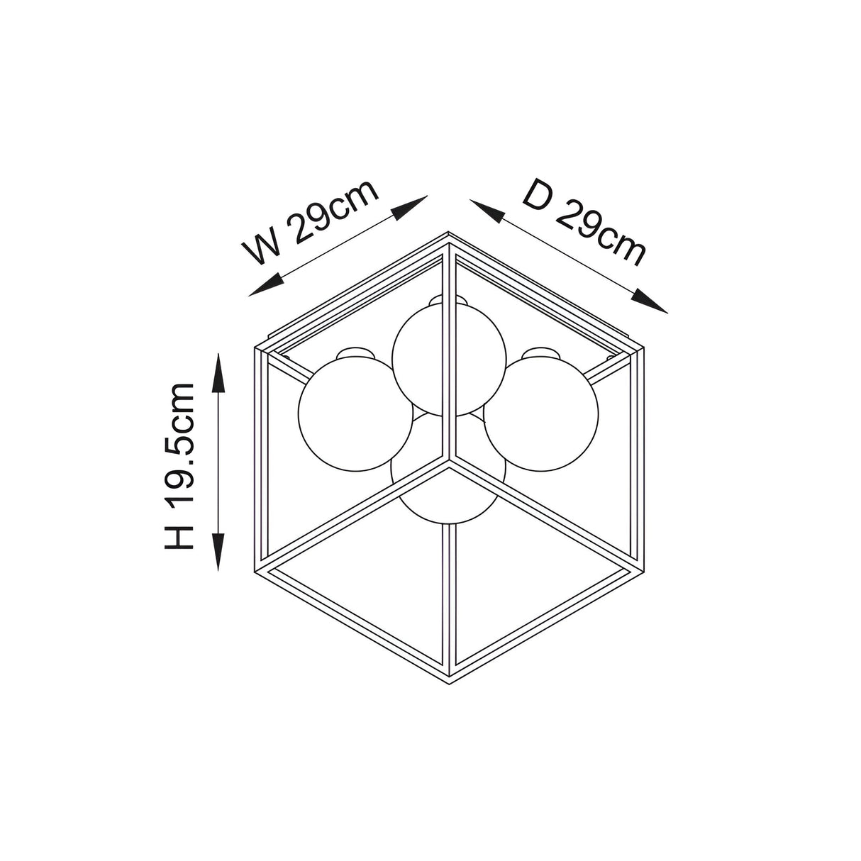 Dimension diagram of the Endon Sable 4 Light Semi-Flush Bathroom Ceiling Light in matt black, showing 29cm width, 29cm depth and 19.5cm height.