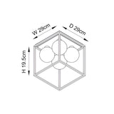 Dimension diagram of the Endon Sable 4 Light Semi-Flush Bathroom Ceiling Light in matt black, showing 29cm width, 29cm depth and 19.5cm height.