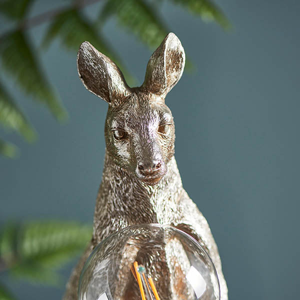 Endon Brockgrove kangaroo table lamp in vintage silver resin, close-up of the detailed head and ears with an exposed filament bulb below.