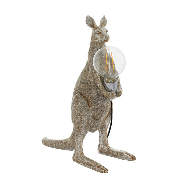 Endon Brockgrove Kangaroo Table Lamp in vintage silver resin, standing figurine holding a chrome E27 holder with exposed filament bulb, on white background.