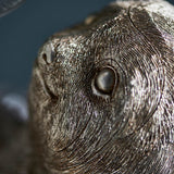 Close-up of the Endon Cliffmont table lamp showing the detailed resin sloth's face and textured fur in a vintage silver finish.