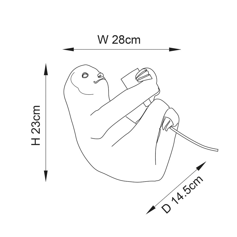 Dimension diagram of the Endon Cliffmont sloth table lamp showing 28cm width, 23cm height, and 14.5cm depth on a plain background.