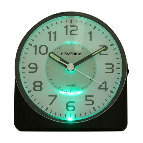 Silent Sweep round face alarm clock in black, with glossy arched plastic case, white dial, bold Arabic numerals, and glowing green LED backlight, shown on a plain white background.