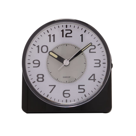 Silent Sweep round face alarm clock in glossy black plastic with arched case, white dial, grey centre, bold Arabic numerals and black hands, shown on a plain white background.
