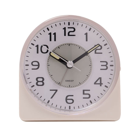 White silent sweep alarm clock with arched plastic case, round white dial, bold black numbers, grey inner circle, and silver hands, shown on a plain white background.