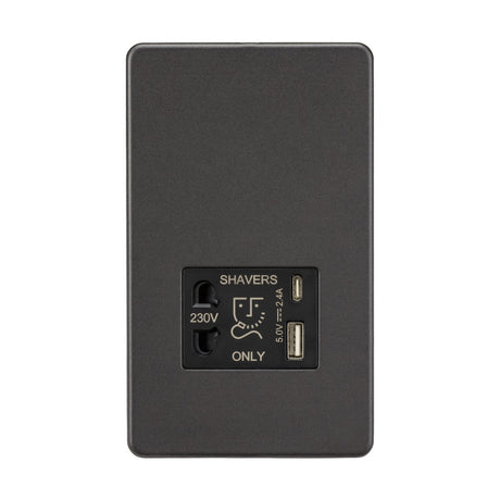 The Shaver Socket With Dual USB - Smoked Bronze (Black Insert) is marked with "SHAVERS ONLY" and features a 230V outlet alongside dual USB charger ports (5V, 2.1A).