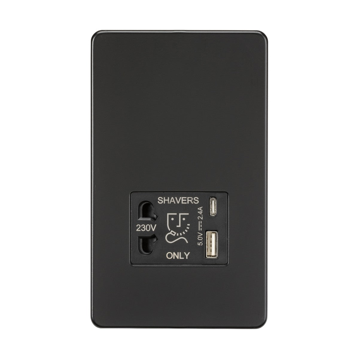 The Shaver Socket With Dual USB - Matt Black (Black Insert) includes a 230V shaver socket labeled "Shavers Only" and a dual USB charger with one port specified as 5V, 2.4A. Its screwless design contributes to a minimalist aesthetic, making it ideal for contemporary bathrooms.