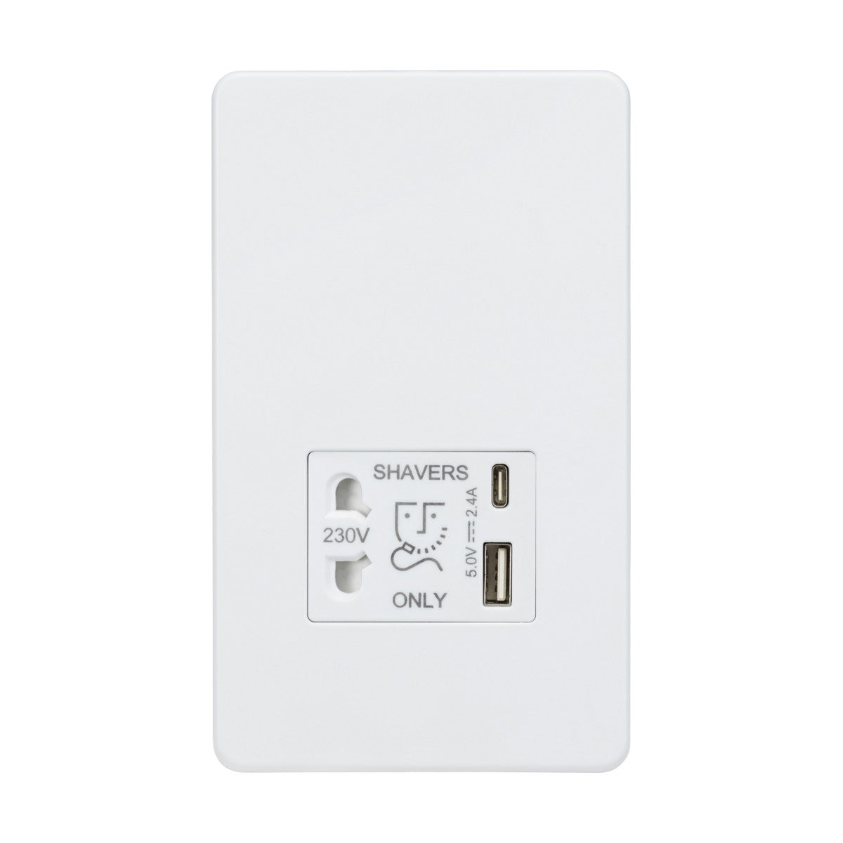 Featuring a sleek, screwless design, the Shaver Socket With Dual USB in Matt White includes a 230V plug slot and dual USB charger ports. Labeled SHAVERS ONLY, it incorporates icons for both electrical plugs and USB to enhance convenience without sacrificing style.