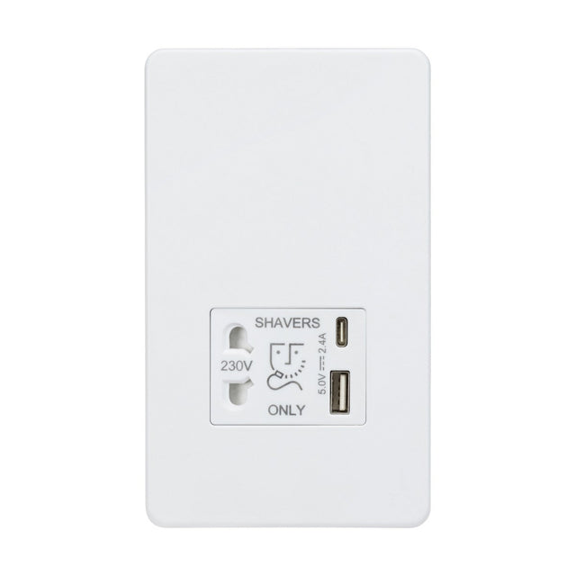Featuring a sleek, screwless design, the Shaver Socket With Dual USB in Matt White includes a 230V plug slot and dual USB charger ports. Labeled SHAVERS ONLY, it incorporates icons for both electrical plugs and USB to enhance convenience without sacrificing style.