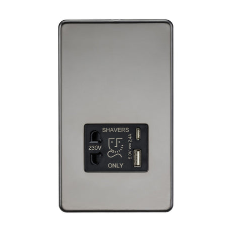 The Shaver Socket With Dual USB - Black Nickel (Black Insert) features a wall-mounted electrical outlet with a shaver socket and dual USB charger. Its sleek metallic finish and screwless design include clearly labeled sections for "SHAVERS ONLY" at 230V, alongside two USB ports operating at 5V with 2.1A, offering both style and functionality.