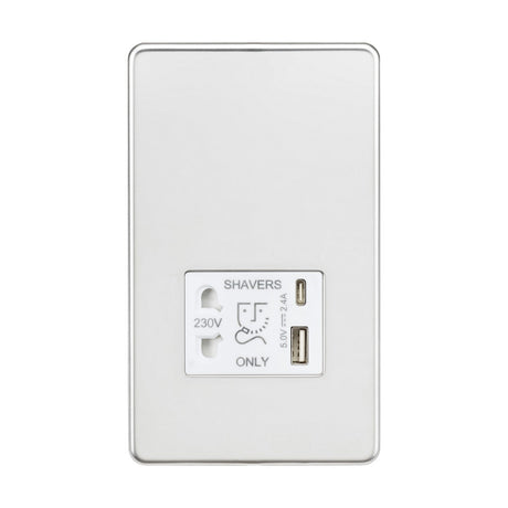 Introducing the Shaver Socket With Dual USB - Polished Chrome (White Insert): This sleek, wall-mounted socket boasts a minimalist design with polished chrome accents and a white insert. Featuring a rectangular panel with rounded edges labeled "Shavers Only," it offers both a 230V option and dual USB charger ports for added convenience.