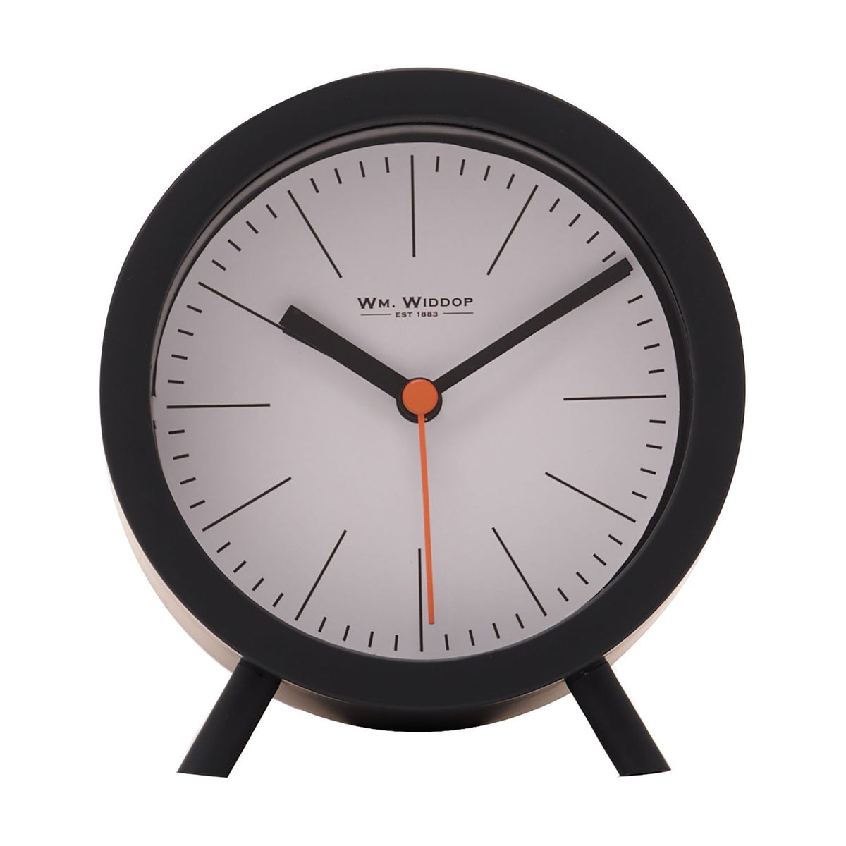 Round Plastic Alarm Clock with Sweep Movement & Feet - Black
