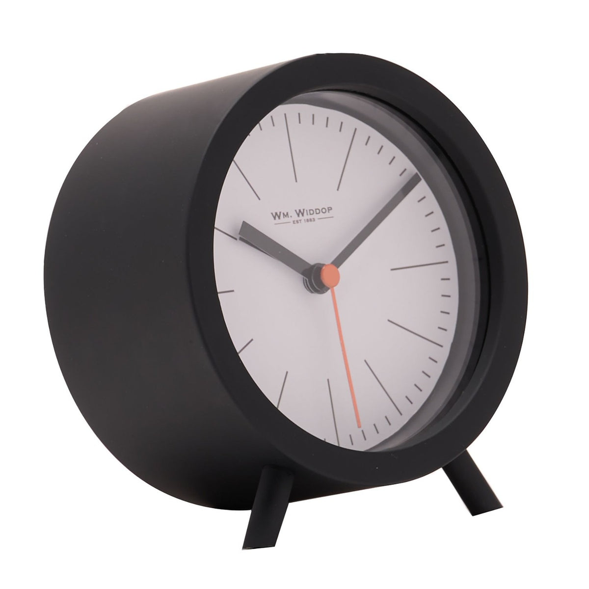 Round Plastic Alarm Clock with Sweep Movement & Feet - Black