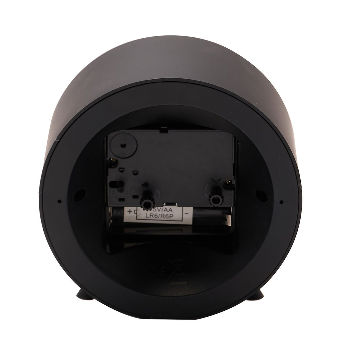 Round Plastic Alarm Clock with Sweep Movement & Feet - Black