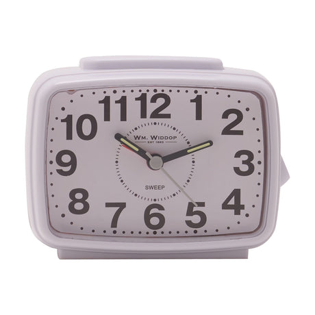 White oblong plastic alarm clock with sweep movement, bold black Arabic numerals, black hands, snooze button, and top handle, shown on a plain white background.