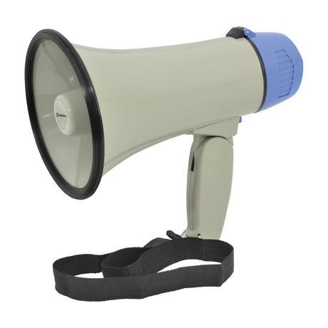 Adastra L01 portable megaphone in light grey and blue with black horn rim, foldable handle, trigger microphone, and black strap on a white background.