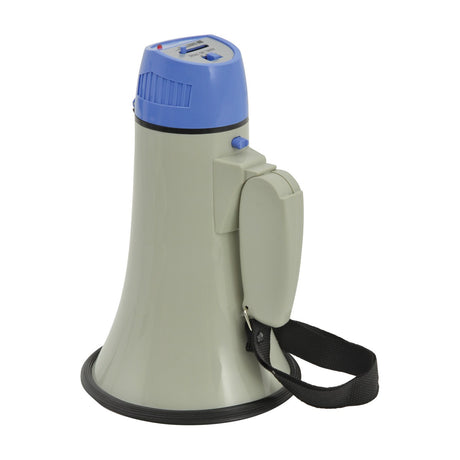 Adastra L01 10W portable megaphone in grey with blue top, showing microphone controls, folding handle, and wrist strap on a white background.