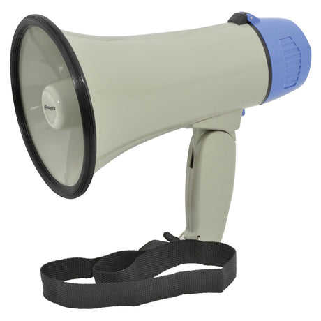 The Adastra L01 10W Megaphone, featuring a compact design in gray and blue with a black rim and a carrying strap on the handle, is ideal for amplified announcements and effective sound projection.