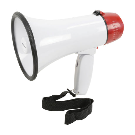 Adastra L01R 10W handheld megaphone in white with red speaker rim, folding grip and black wrist strap, shown on a plain white background.