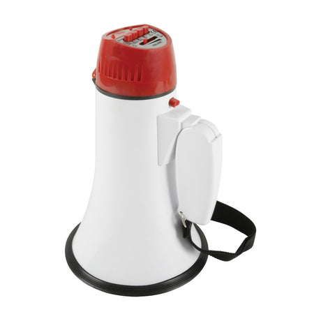 Adastra L01R 10W megaphone by AVSL with red top, white cone body, folding handle, wrist strap and sliding volume control, shown on a white background.