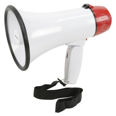 The Adastra L01R 10W Megaphone With 15s Looper is presented from a side angle, highlighting its white and red color scheme and black handle strap. This compact device includes a broad mouthpiece for excellent sound projection and features a distinctive red speaker at the back, making it ideal for capturing attention in any setting.