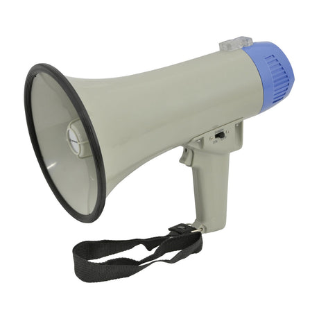 Adastra L10 10W megaphone in grey and blue with black horn rim, pistol grip, siren switch and carry strap, on white background.