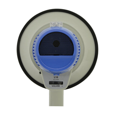 Front view of the Adastra L10 10W megaphone in white and blue, with mesh speaker horn, volume dial, and pistol-grip handle on a plain background.
