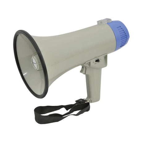 The Adastra L10 10W Megaphone With Siren is depicted in gray and blue, complete with a black strap. This robust megaphone includes a trigger switch on the handle and a smooth, wide horn for exceptional amplification.