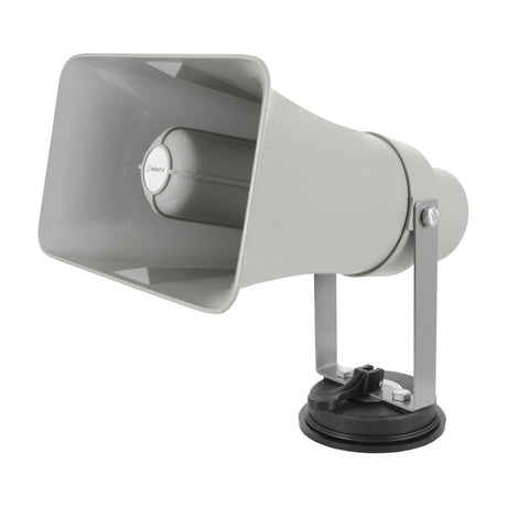 Adastra VM25BT vehicle megaphone in grey with rectangular horn speaker, adjustable metal bracket and suction cup base, shown on a white background.