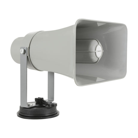 Adastra VM25BT vehicle megaphone in grey with adjustable metal bracket and suction cup base, shown on a plain white background.